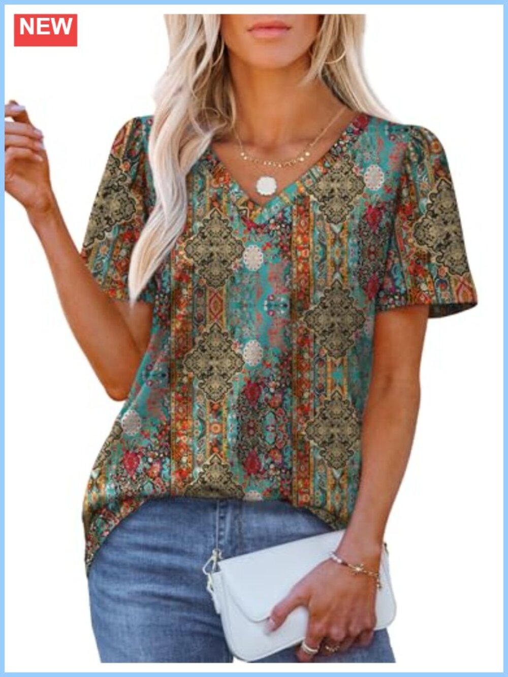 Women's V Neck Puff Short Sleeve Blouse Loose Fit Casual Summer Top